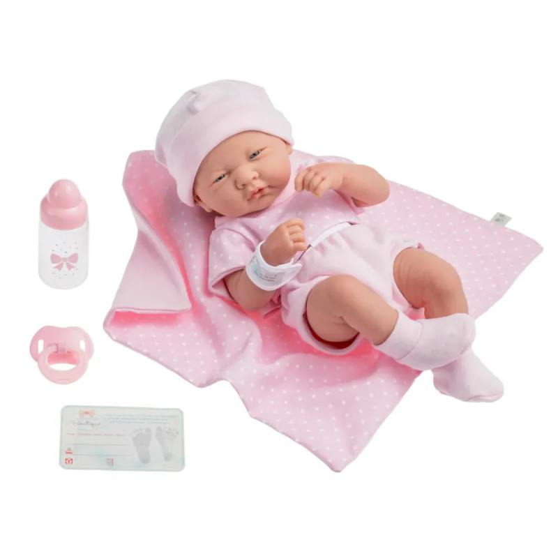 Lalka bobas dziewczynka z akcesoriami: różowy kocyk, smoczek, akt urodzenia, butelka do karmienia. Berenguer 18541