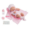 Lalka bobas dziewczynka z akcesoriami: różowy kocyk, smoczek, akt urodzenia, butelka do karmienia. Berenguer 18541