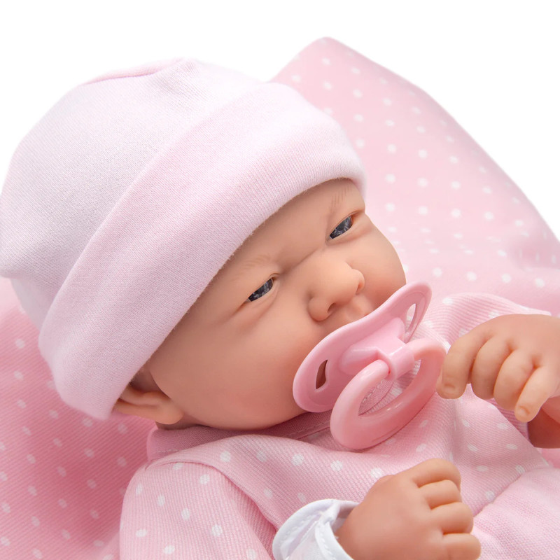 Lalka bobas dziewczynka, hiszpańska, w zestawie różowy smoczek, Berenguer 18541