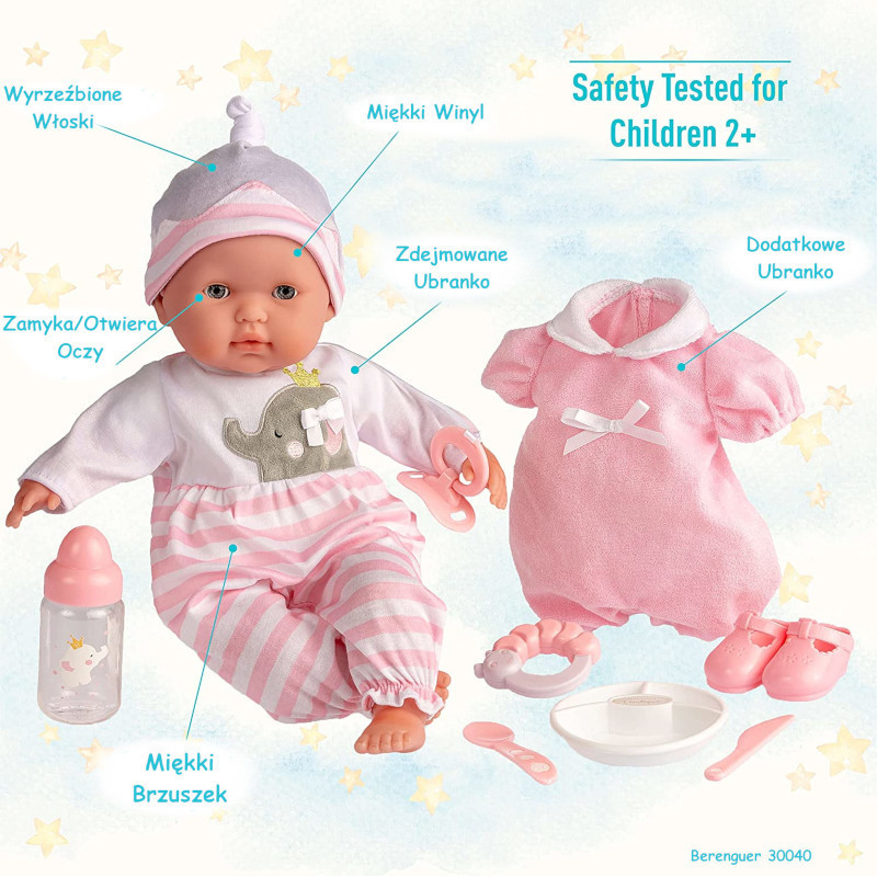 JC Toys 30040 - Lalka dla dwulatki - zestaw z akcesoriami i ubrankiem