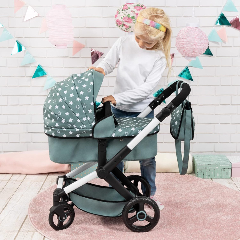 Wózek dla lalki, Xeo, zielony w gwiazdki - dla dziewczynki