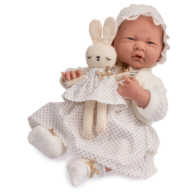 Lalka w eleganckiej białej sukience, maskotka i sweterek - Berenguer 18793