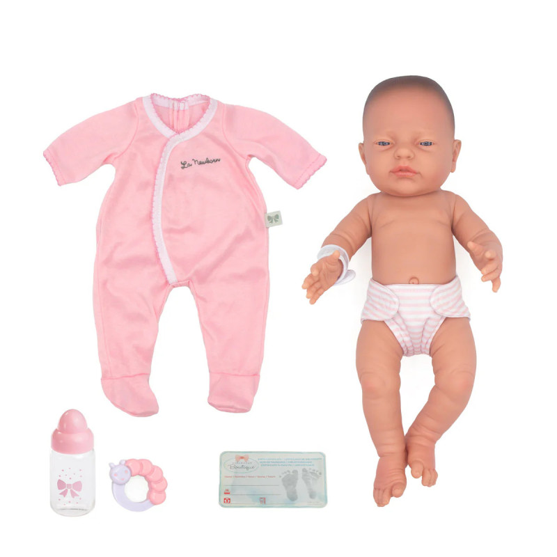 Duża lalka bobas z różowym ubrankiem, pieluszka oraz akcesoria w zestawie, 43 cm