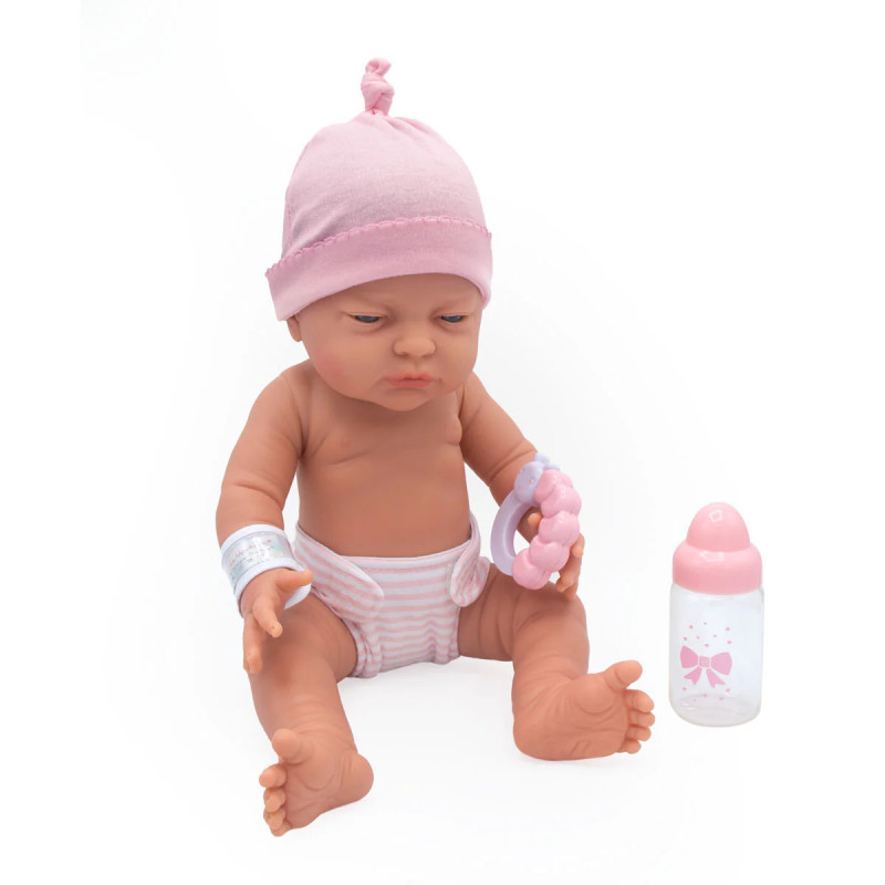 Berenguer 18302 - lalka bobas, różowa czapeczka i butelka do karmienia - zestaw prezentowy
