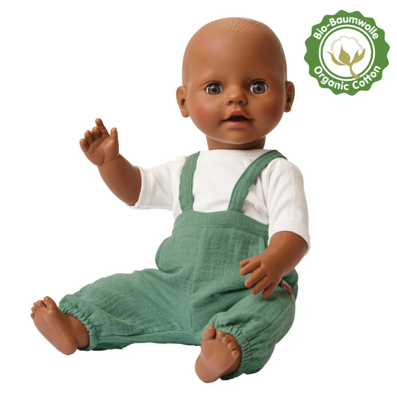 Ogrodniczki dla lalek, w kolorze szałwiowej zieleni, z białą koszulką, 100% organiczna bawełna, lalki w rozmiarze 28-35 cm