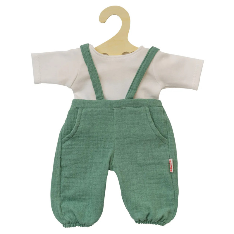 Ogrodniczki dla lalek, w kolorze szałwiowej zieleni, z białą koszulką, 28-35 cm