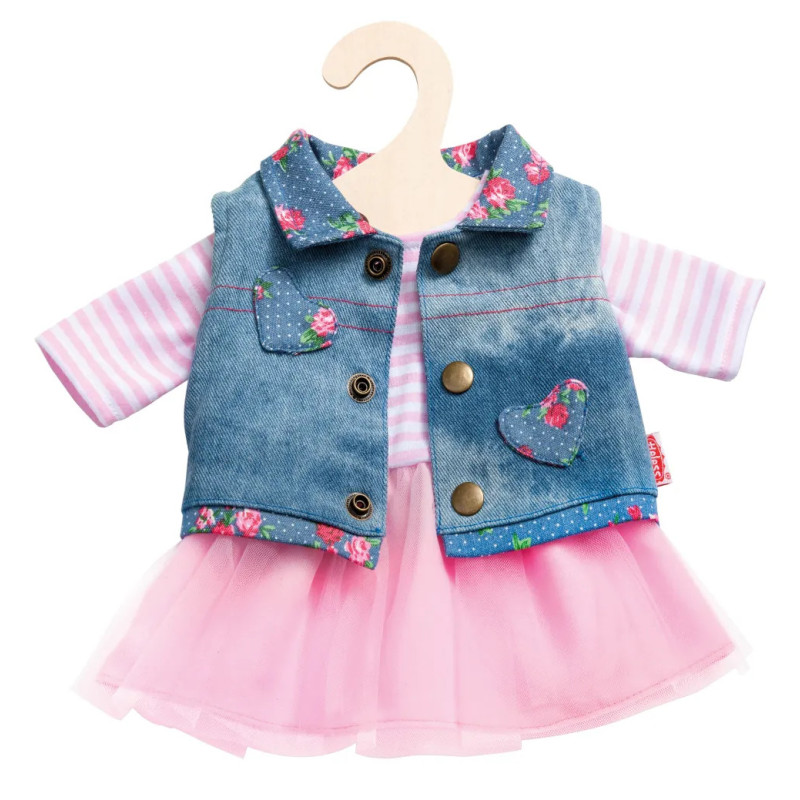 Sukienka koronkowa z jeansową kamizelką, dla lalki 28-35 cm