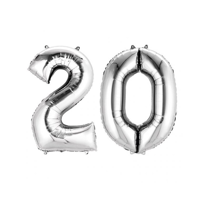 Balony cyfry 2 i 0 srebrne  - dekoracje na 20-te urodziny