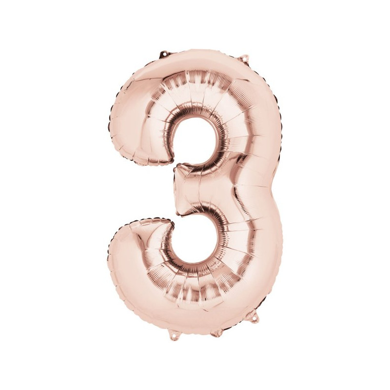 Balon Foliowy Cyfra 3 Złoty Róż 53x88 cm - na urodziny
