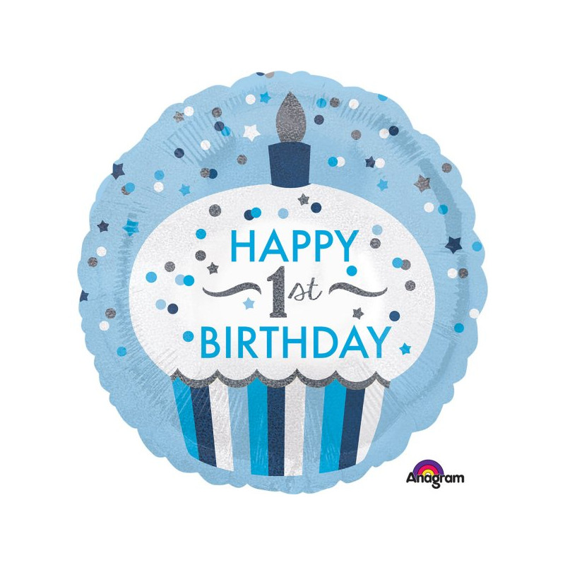Balon foliowy 18"  1st Birthday Cupcake Boy, niebieski
