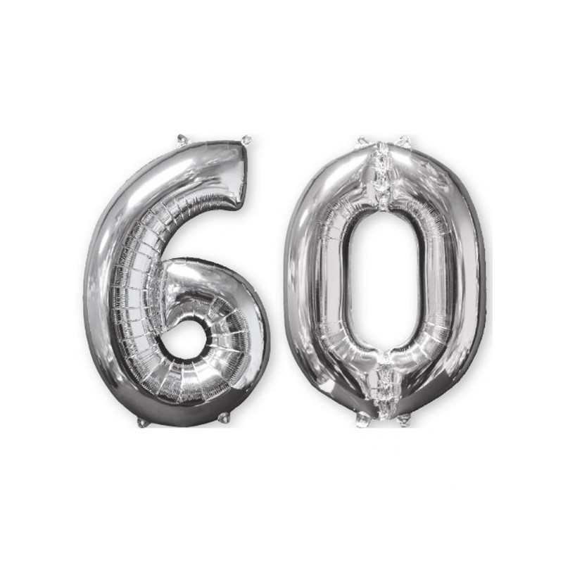 Balon cyfra 60 srebrna - 66 cm