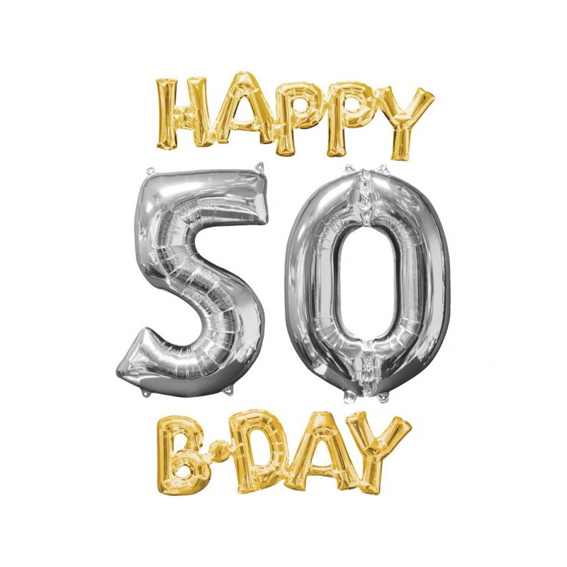 Prezent na 50 urodziny - balony cyfry + napis HAPPY B-HDAY