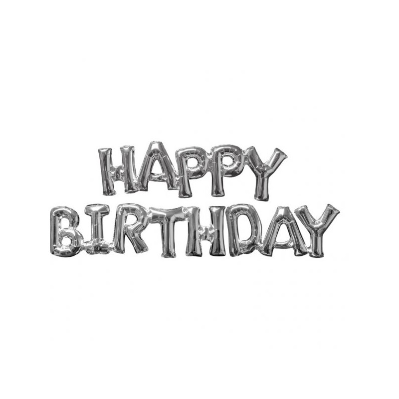 Napis HAPPY BIRTHDAY ze srebrnych balonów