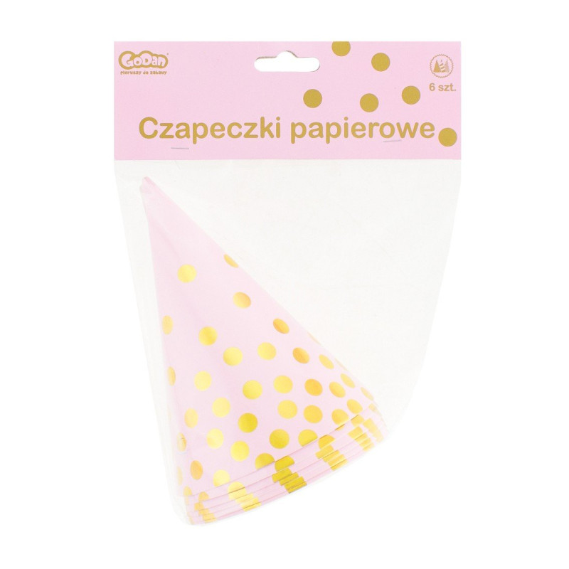 Papierowe Czapeczki Imprezowe - Różowe w Złote Groszki