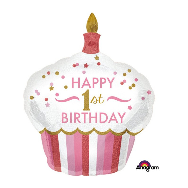 Holograficzny balon na 1 urodziny, Cupcake Girl 73 x 91cm