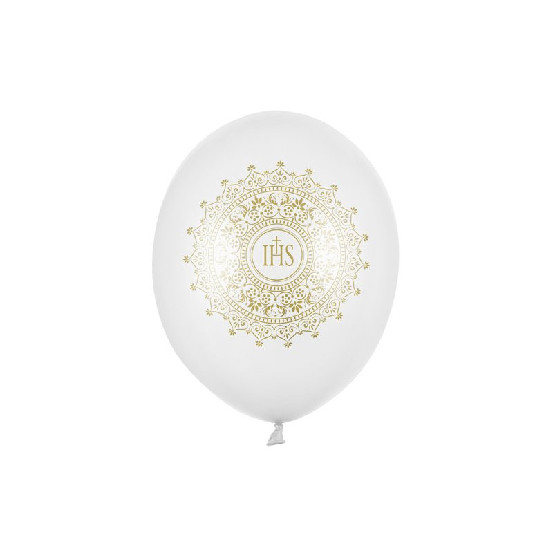 Balon biały metallic 30 cm, I Komunia Święta - IHS