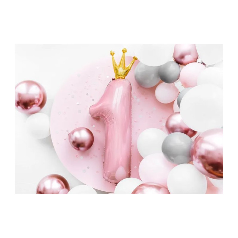 Balon Cyfra 1 z Koroną - Pastelowy Róż - 92 cm