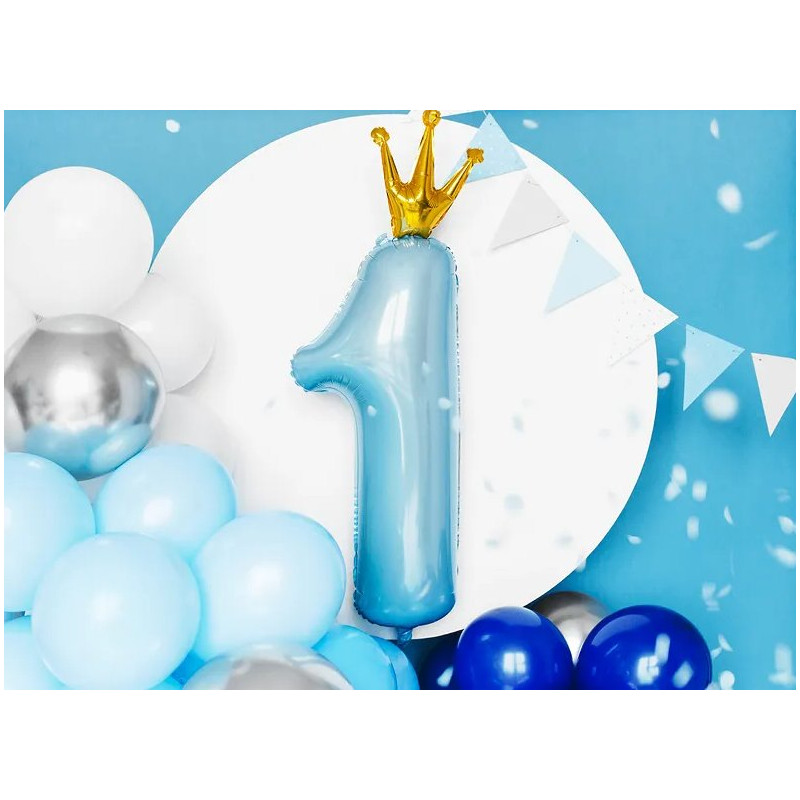 Balon Cyfra 1 z Koroną - Niebieski pastelowy - 92 cm