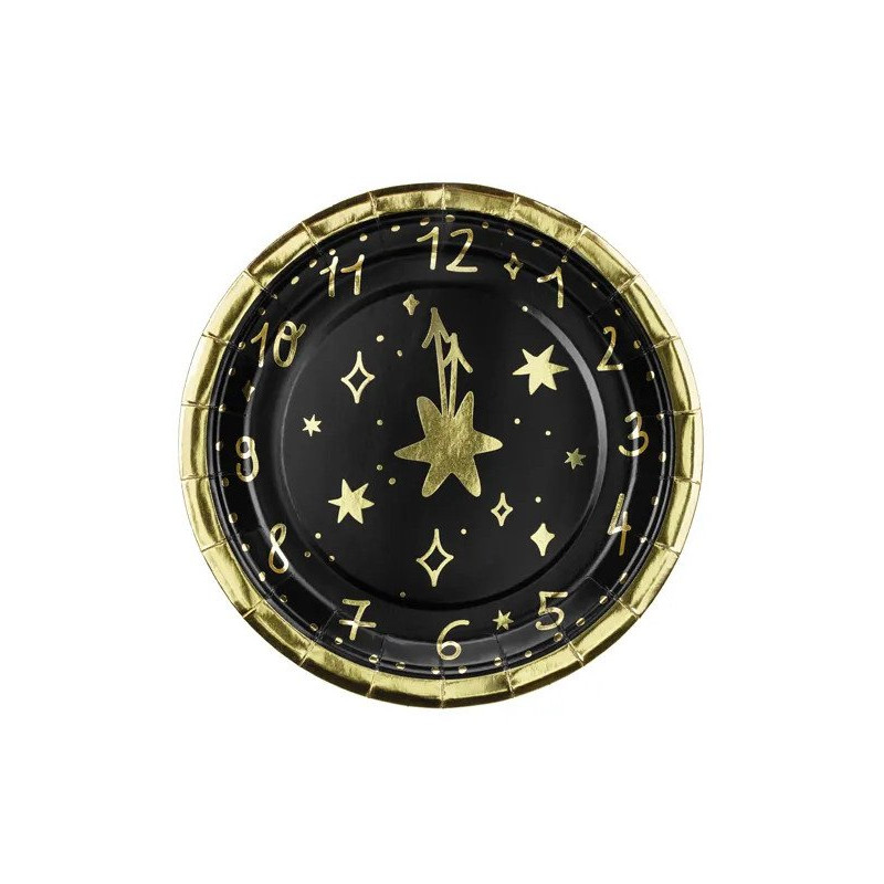 Sylwestrowe Talerzyki Papierowe "Zegar" - 18 cm